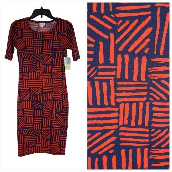 LuLaRoe Julia Dress Knit XXS (00-0) Red & Blue Midi Fitted Business Casual NWT - Picture 1 of 11